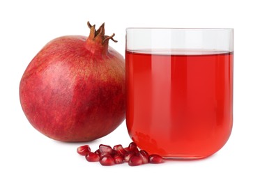 Photo of Refreshing pomegranate juice in glass, seeds and fruit isolated on white