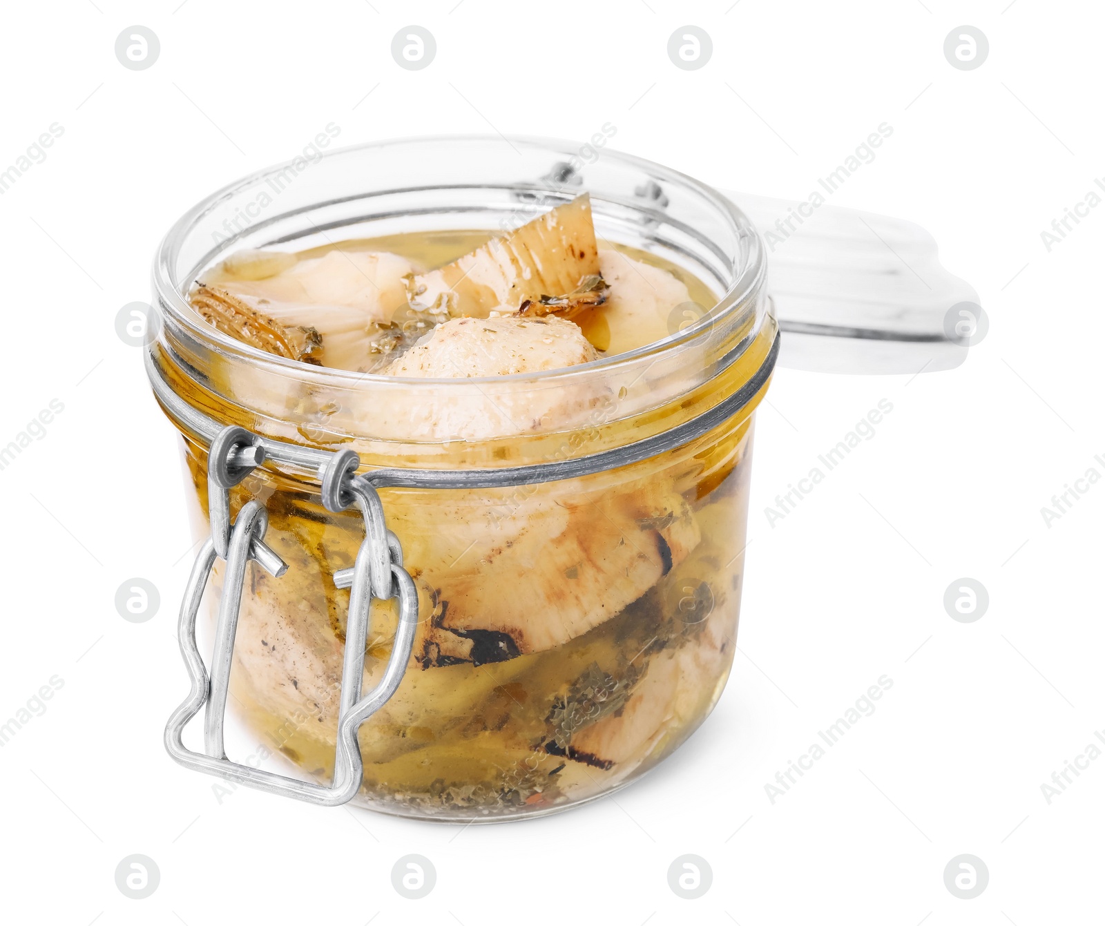 Photo of Open jar of delicious artichokes pickled in olive oil isolated on white