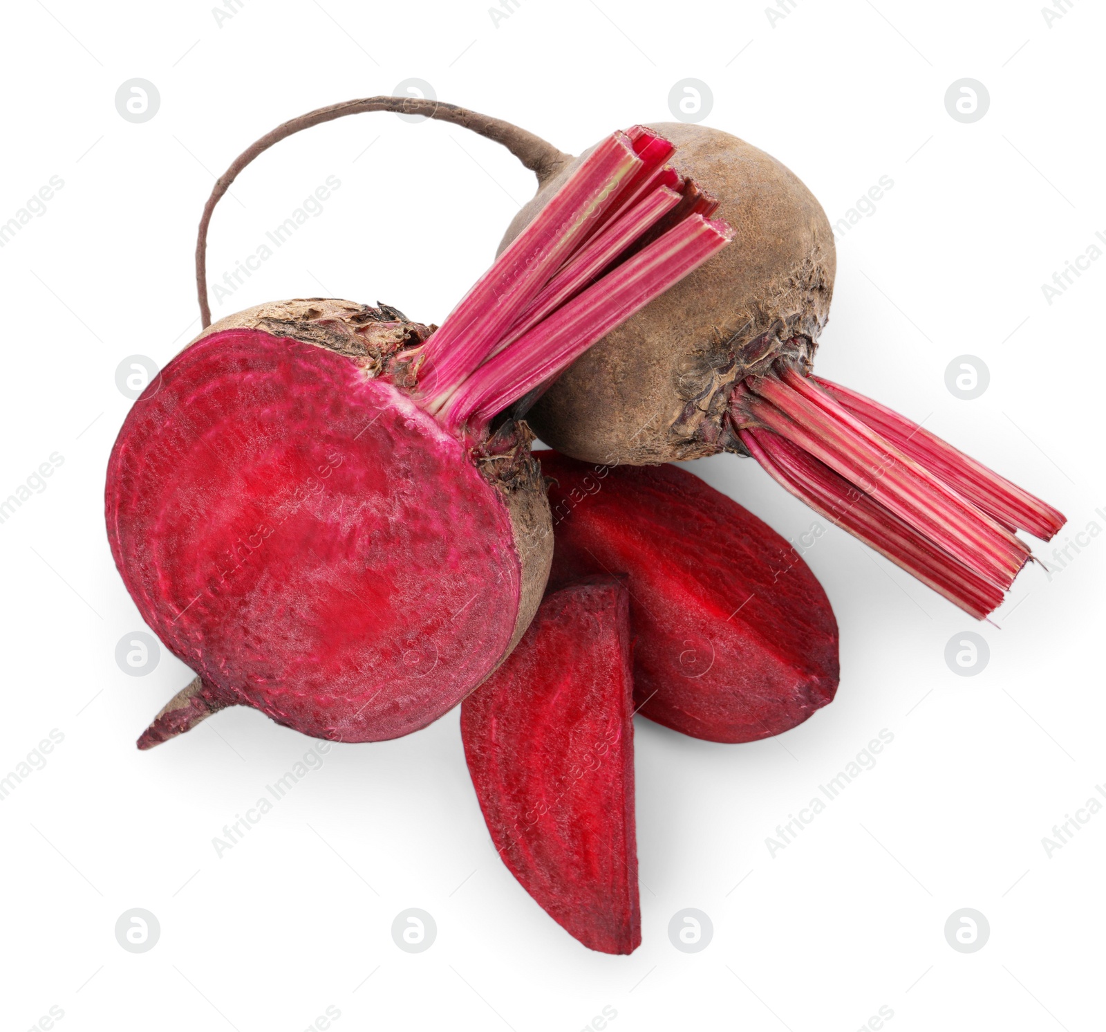 Photo of Whole and cut red beets isolated on white, top view