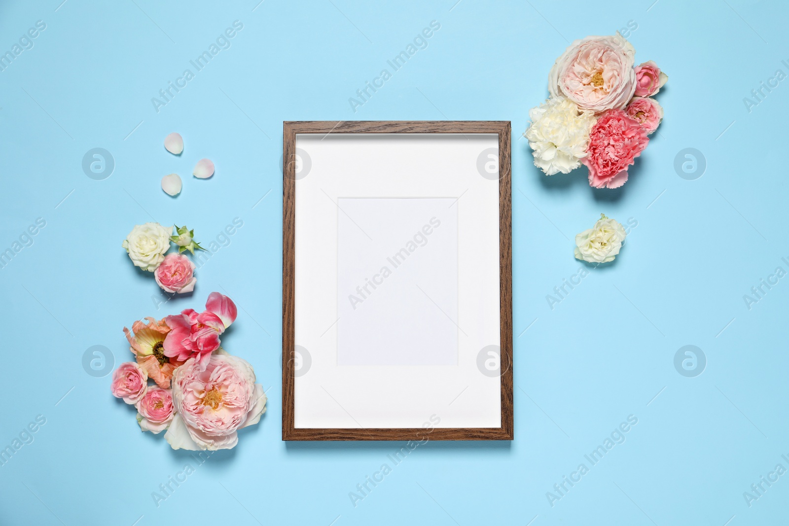 Photo of Empty photo frame and beautiful flowers on light blue background, flat lay. Space for design