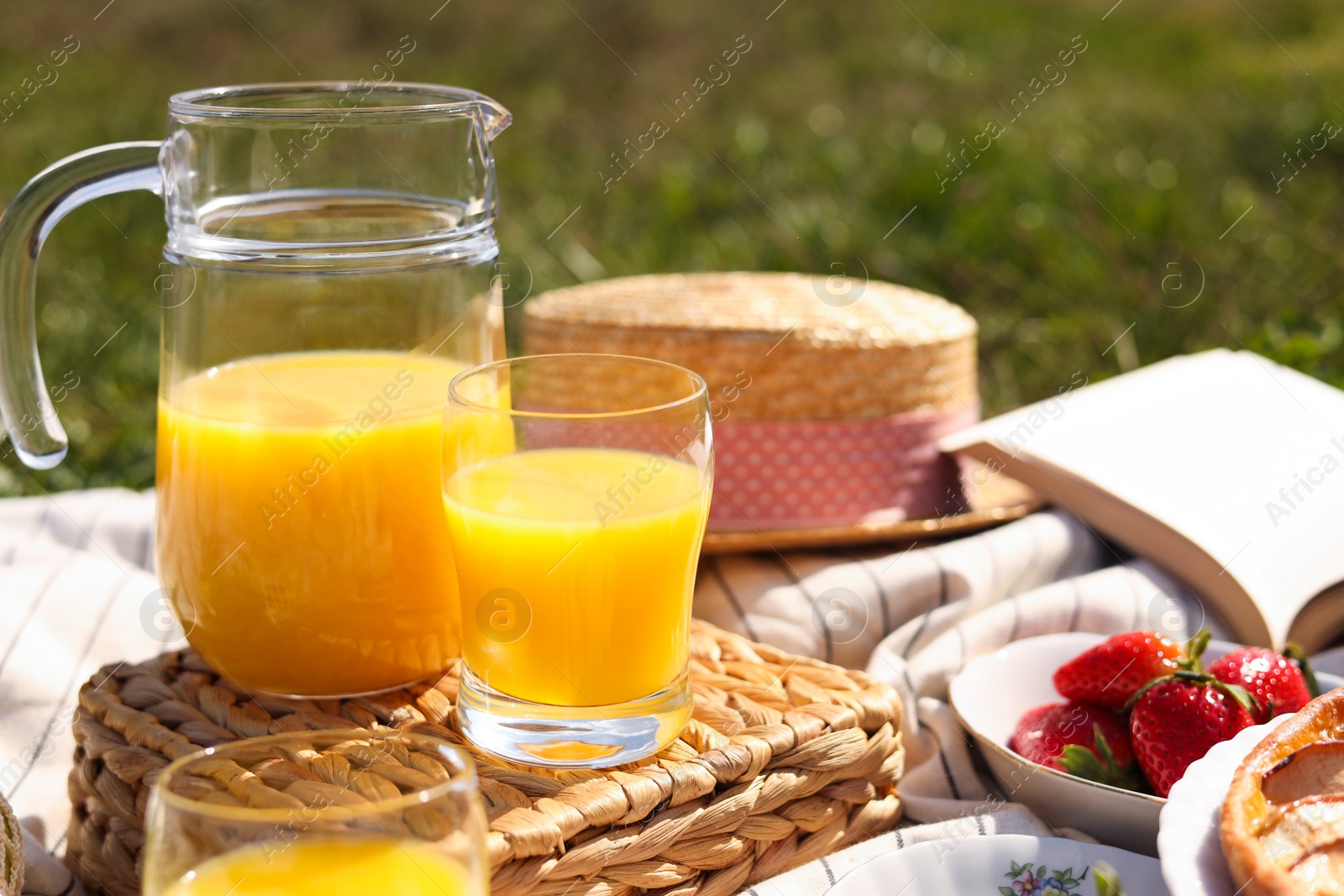 Photo of Fresh juice and strawberries on blanket outdoors. Summer picnic