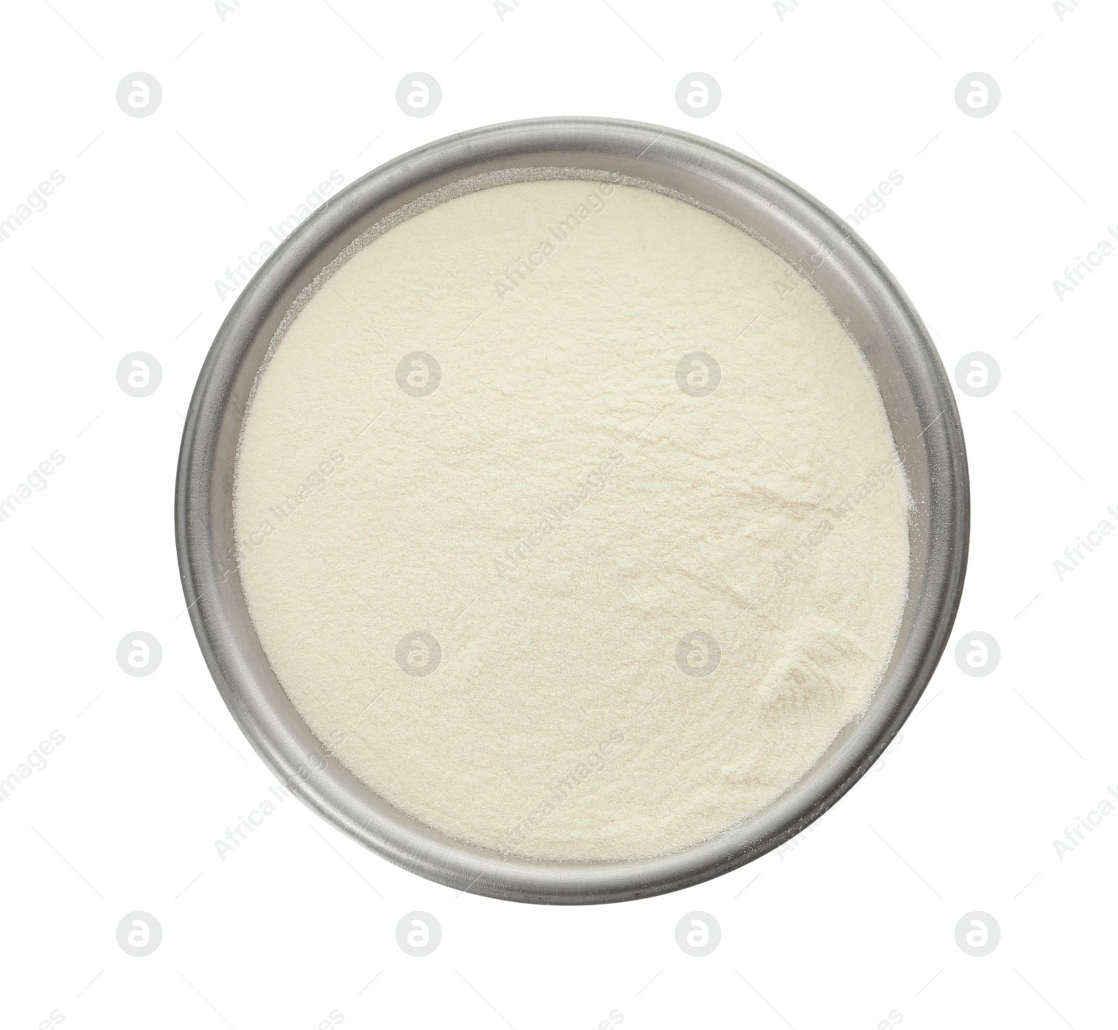 Photo of Bowl of agar-agar powder isolated on white, top view