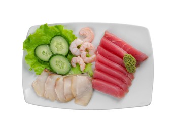 Photo of Sashimi set (raw slices of tuna, oily fish and shrimps ) served with cucumber, lettuce and vasabi isolated on white, top view