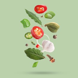 Image of Different spices falling on light green background