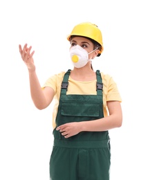 Female industrial worker in uniform on white background. Safety equipment