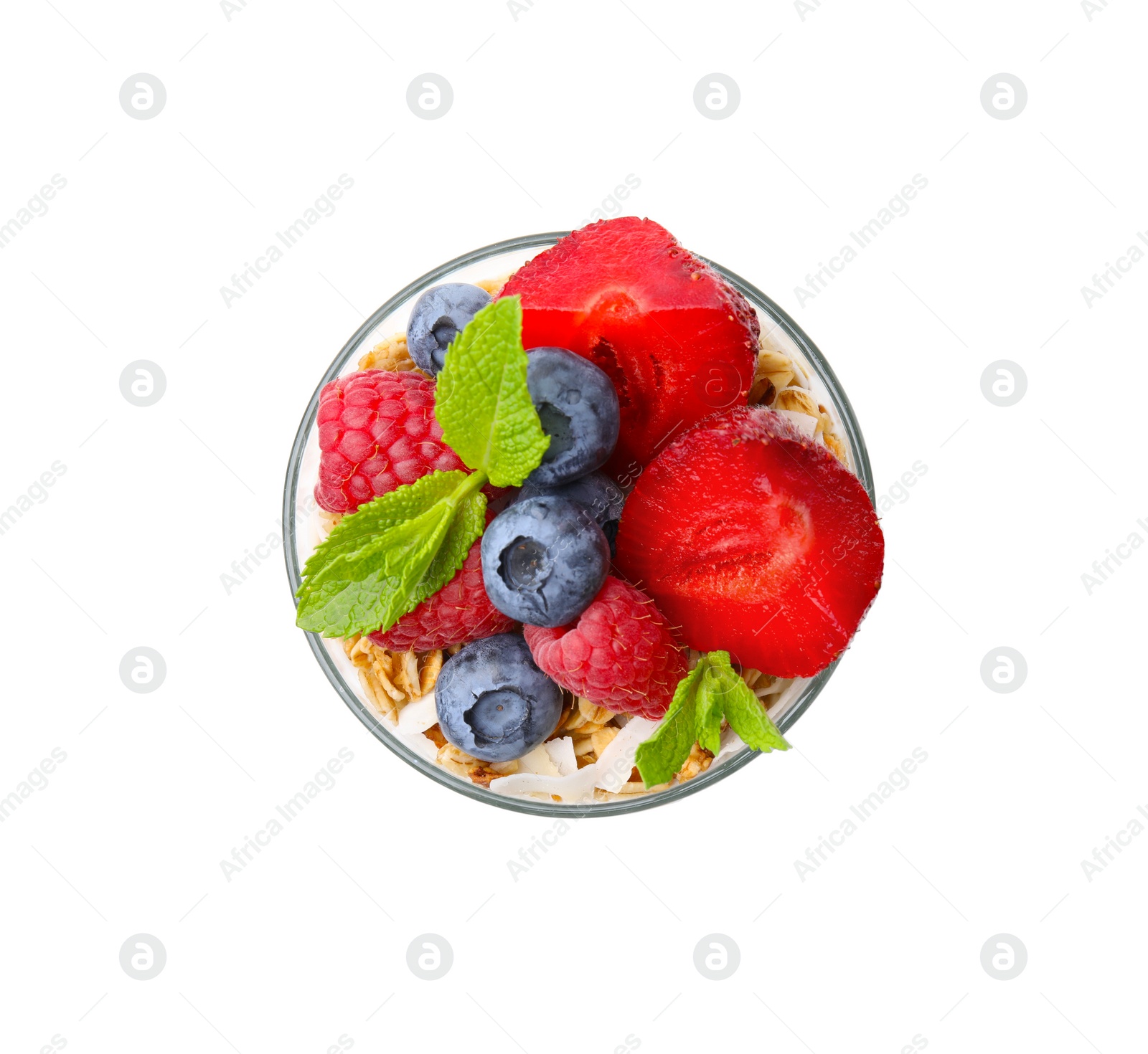 Photo of Tasty oatmeal with smoothie, berries and mint on white background, top view. Healthy breakfast