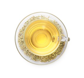 Photo of Aromatic fennel tea in cup and seeds isolated on white, top view