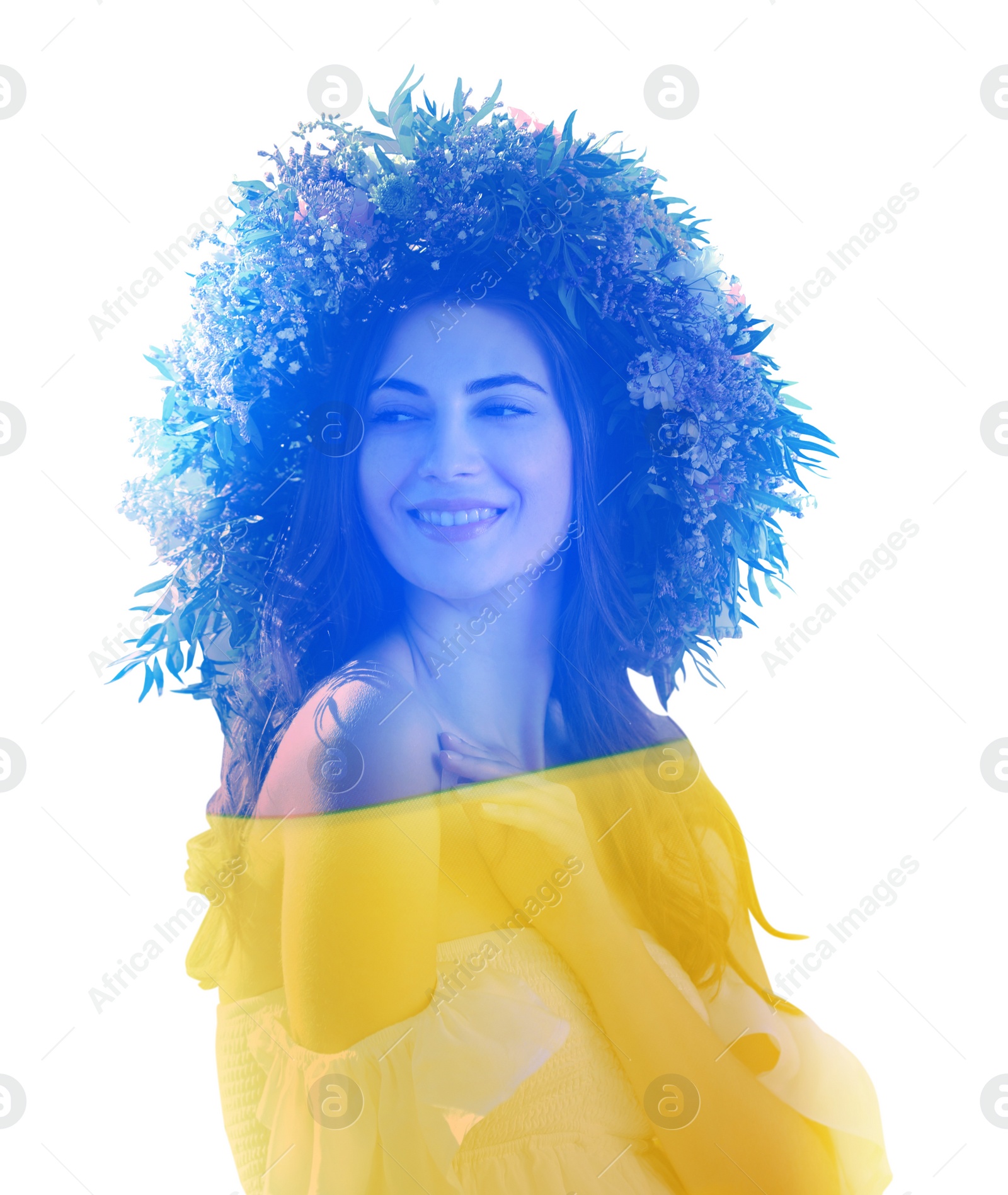 Image of Double exposure of beautiful young woman wearing flower wreath and Ukrainian flag 