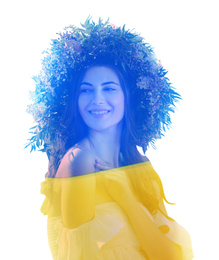 Image of Double exposure of beautiful young woman wearing flower wreath and Ukrainian flag 