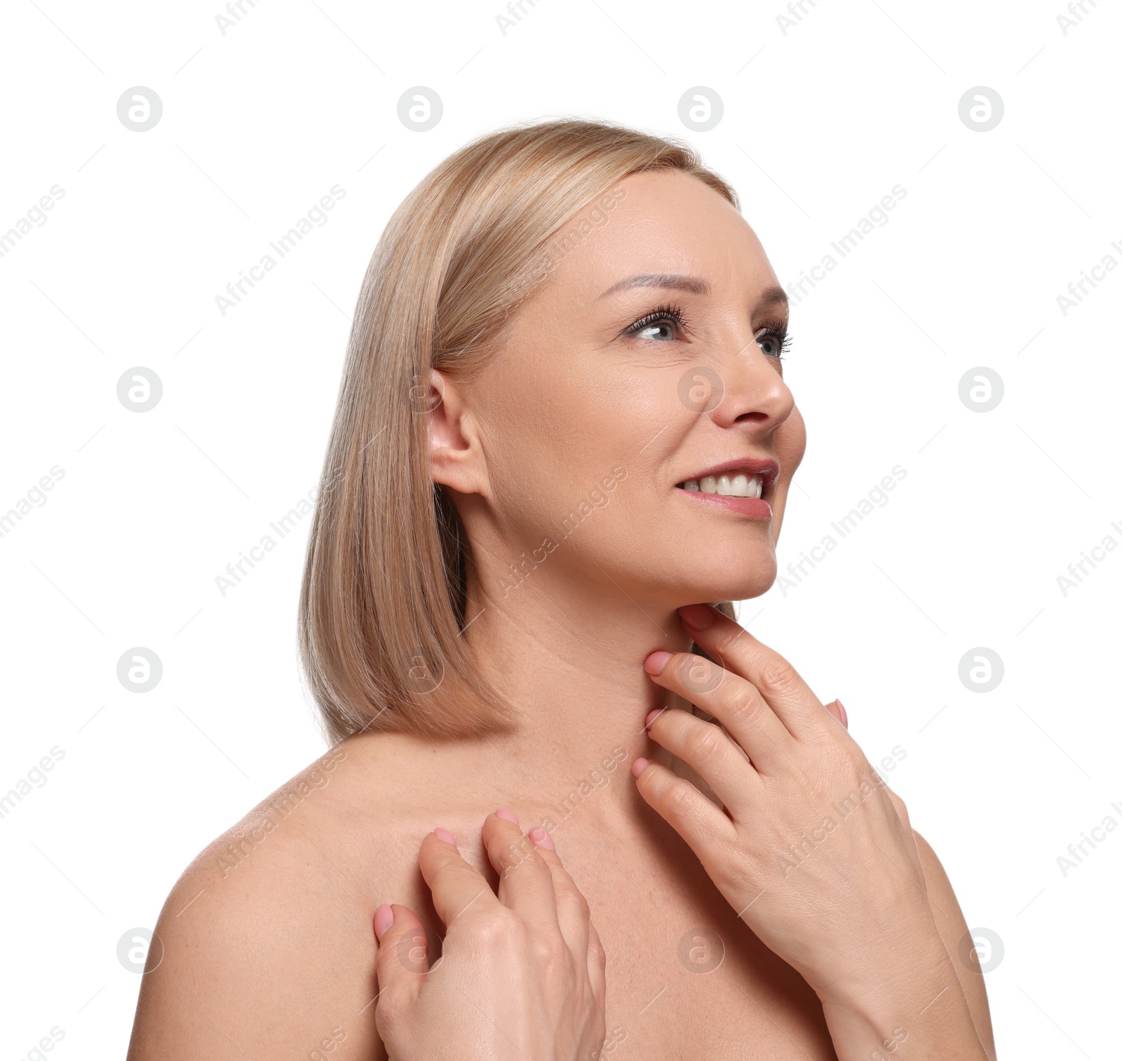 Photo of Beautiful woman touching her neck on white background