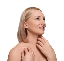 Beautiful woman touching her neck on white background