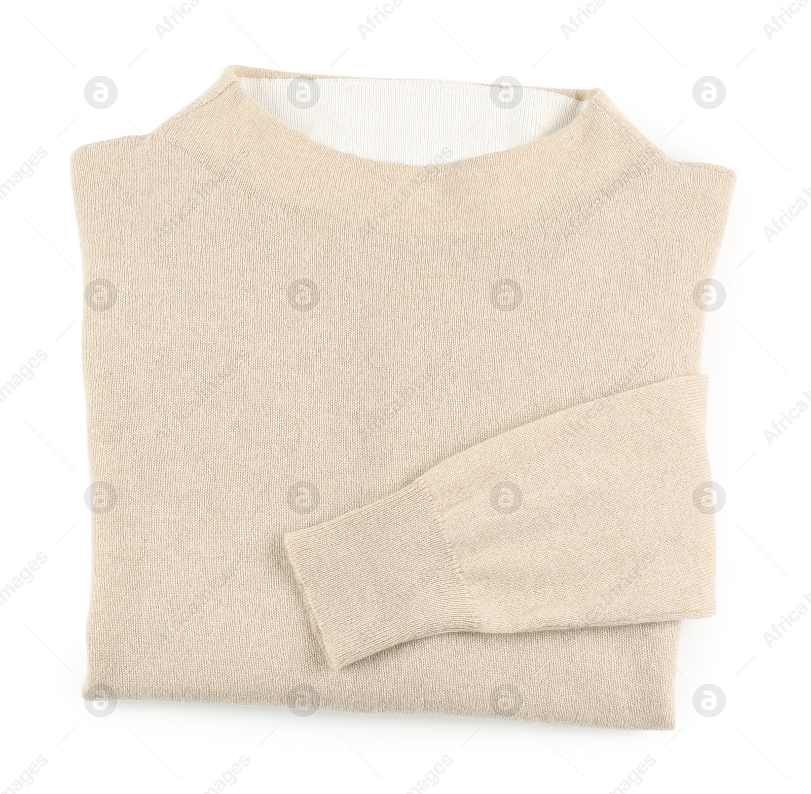 Photo of Folded beige cashmere sweater isolated on white, top view