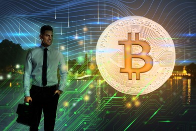 Image of Multiple exposure of bitcoin, businessman, schemes and night cityscape