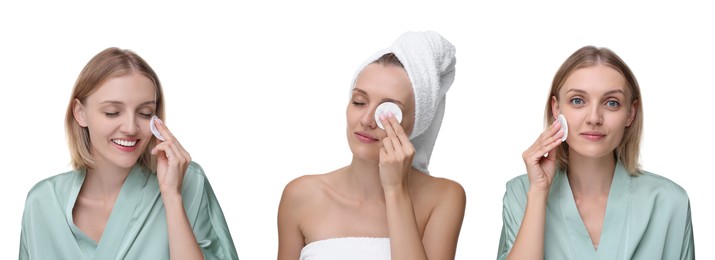 Image of Woman cleaning her face with cotton pads on white background, set of photos