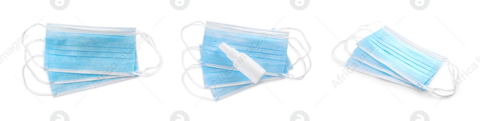 Image of Set with medical face masks and antiseptic on white background. Banner design
