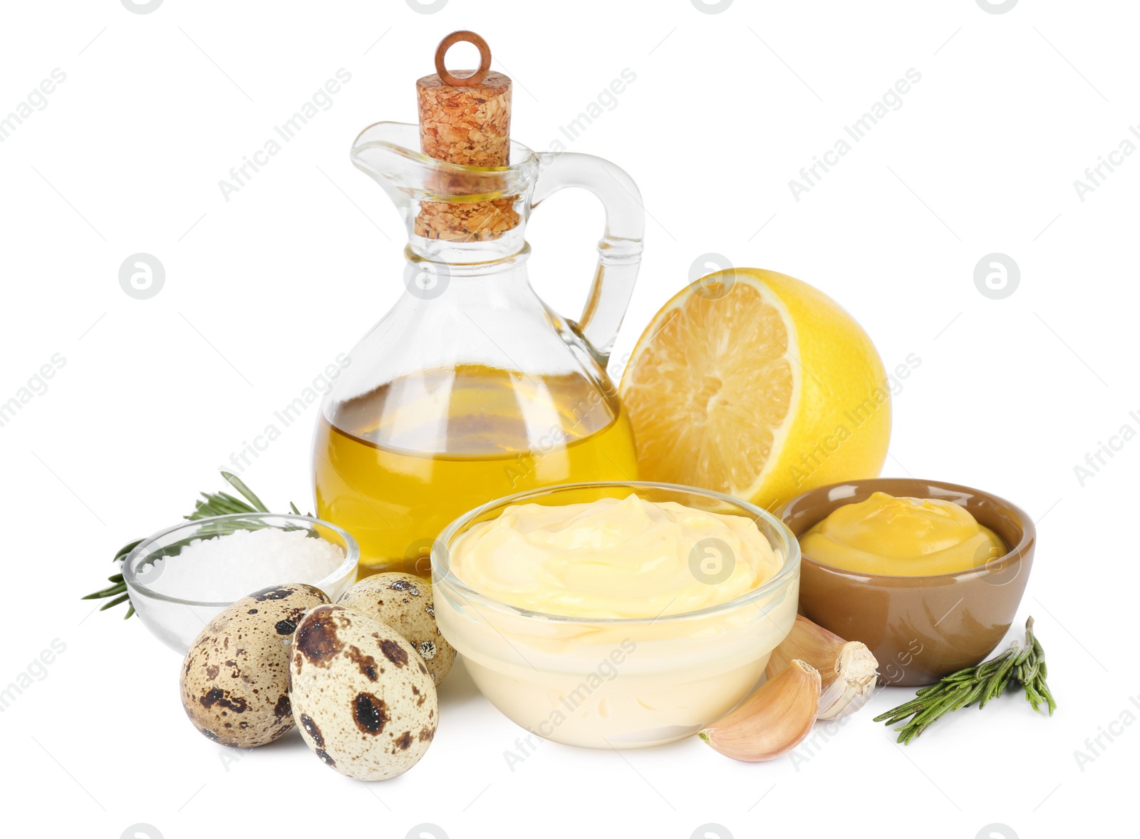 Photo of Delicious homemade mayonnaise, spices and ingredients on white background