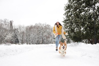 Photo of Woman with adorable Pembroke Welsh Corgi dog running in snowy park