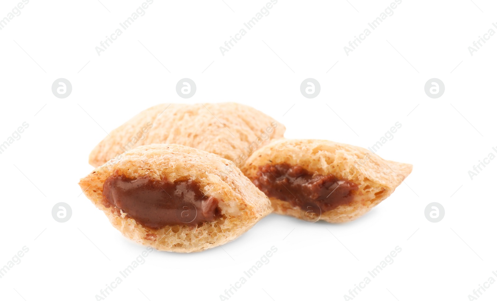 Photo of Sweet corn pads with chocolate filling on white background