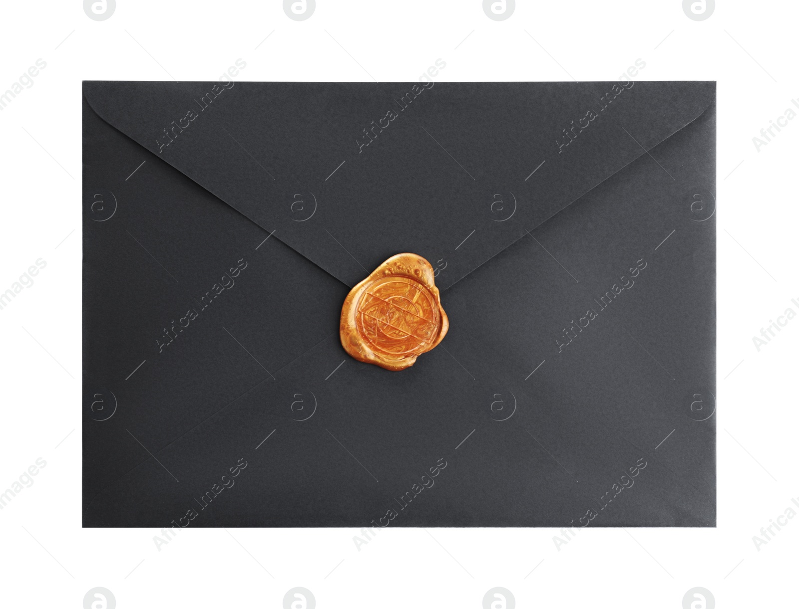 Photo of Black envelope with wax seal isolated on white, top view