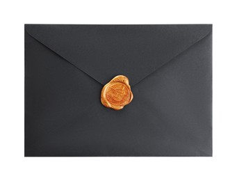 Photo of Black envelope with wax seal isolated on white, top view