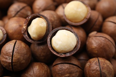 Tasty Macadamia nuts as background, closeup view
