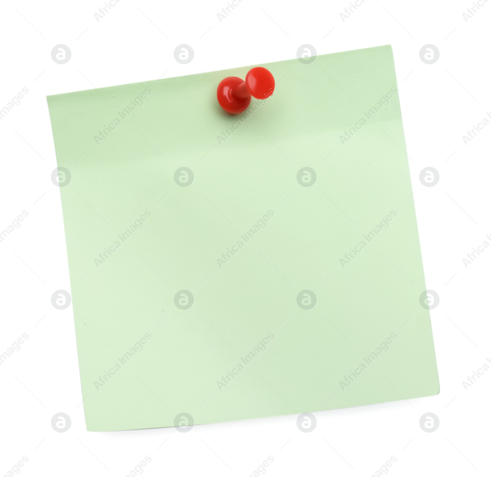 Photo of Blank light green note pinned on white background, top view