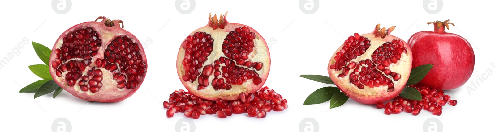 Image of Set with tasty ripe pomegranates on white background. Banner design