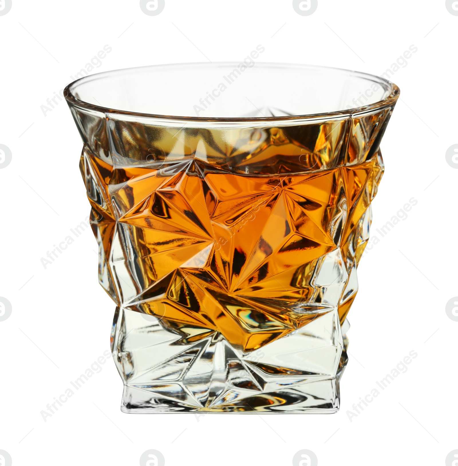 Photo of Whiskey in glass isolated on white. Alcoholic drink