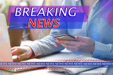 Image of Breaking News. Journalist working with laptop indoors, closeup. Digital graph