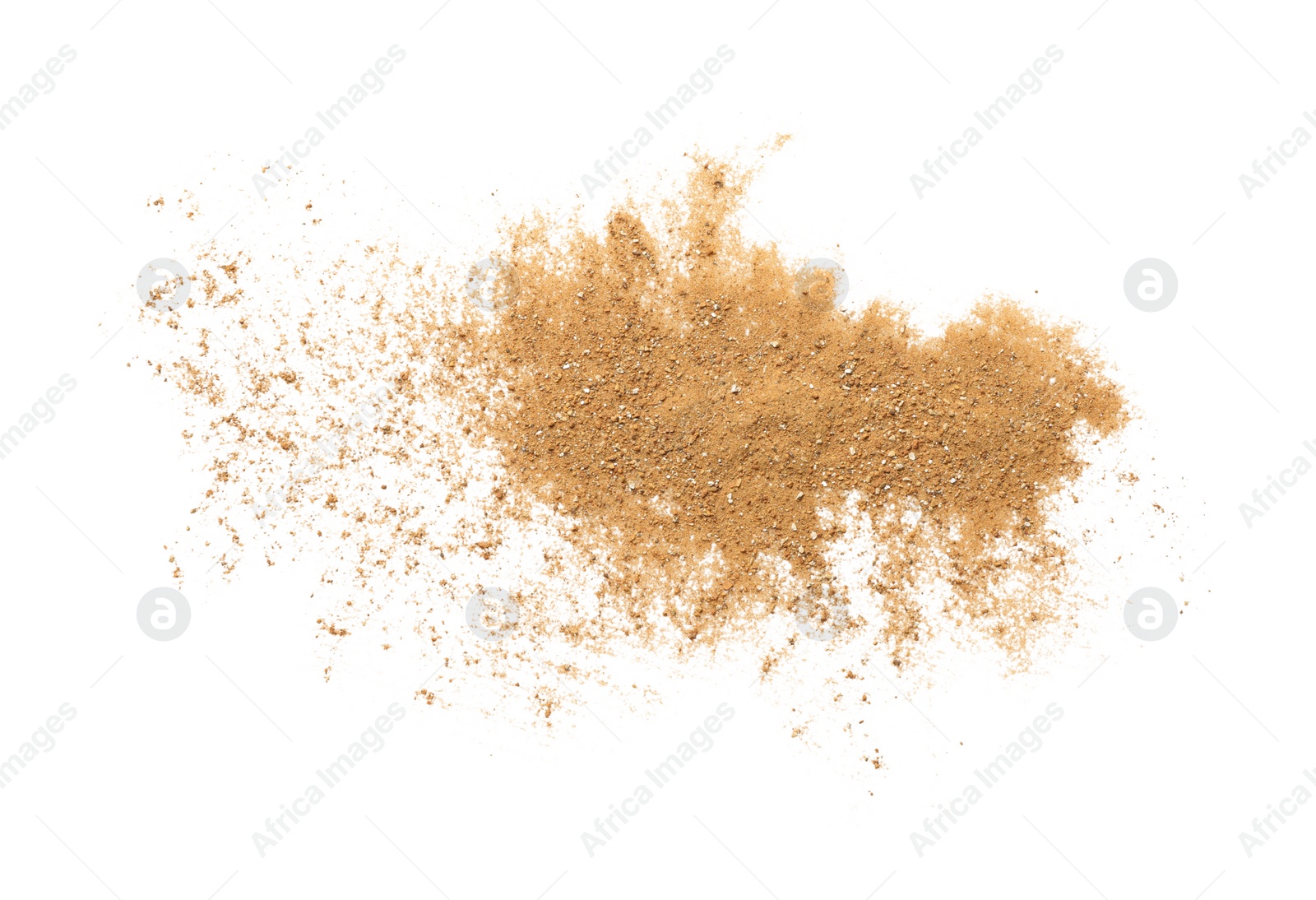 Photo of Pile of brown dust scattered on white background, top view