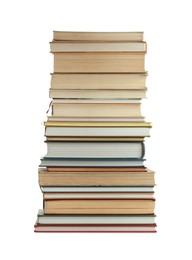 Stack of many different books isolated on white