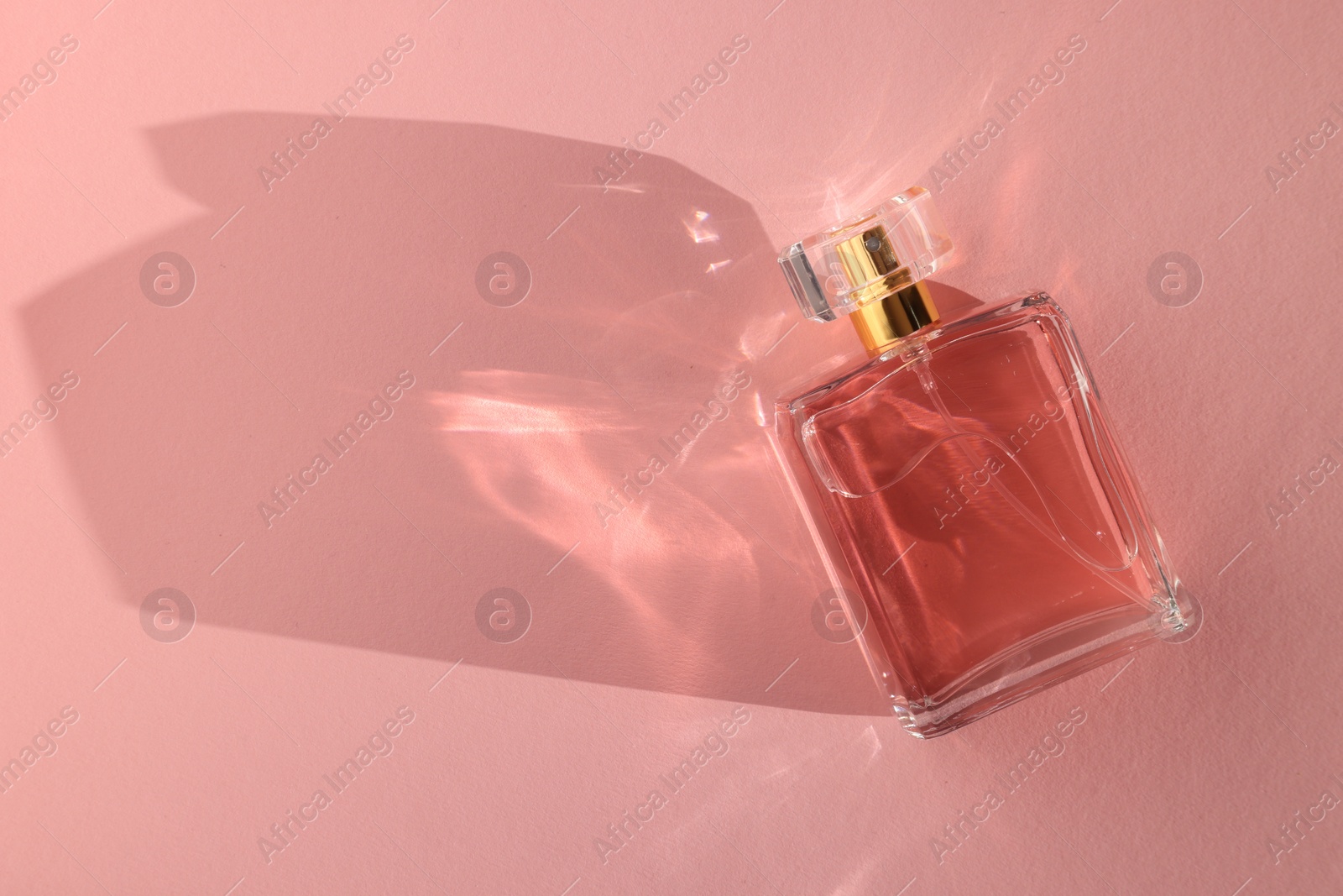 Photo of Luxury women's perfume. Sunlit glass bottle on pink background, top view. Space for text