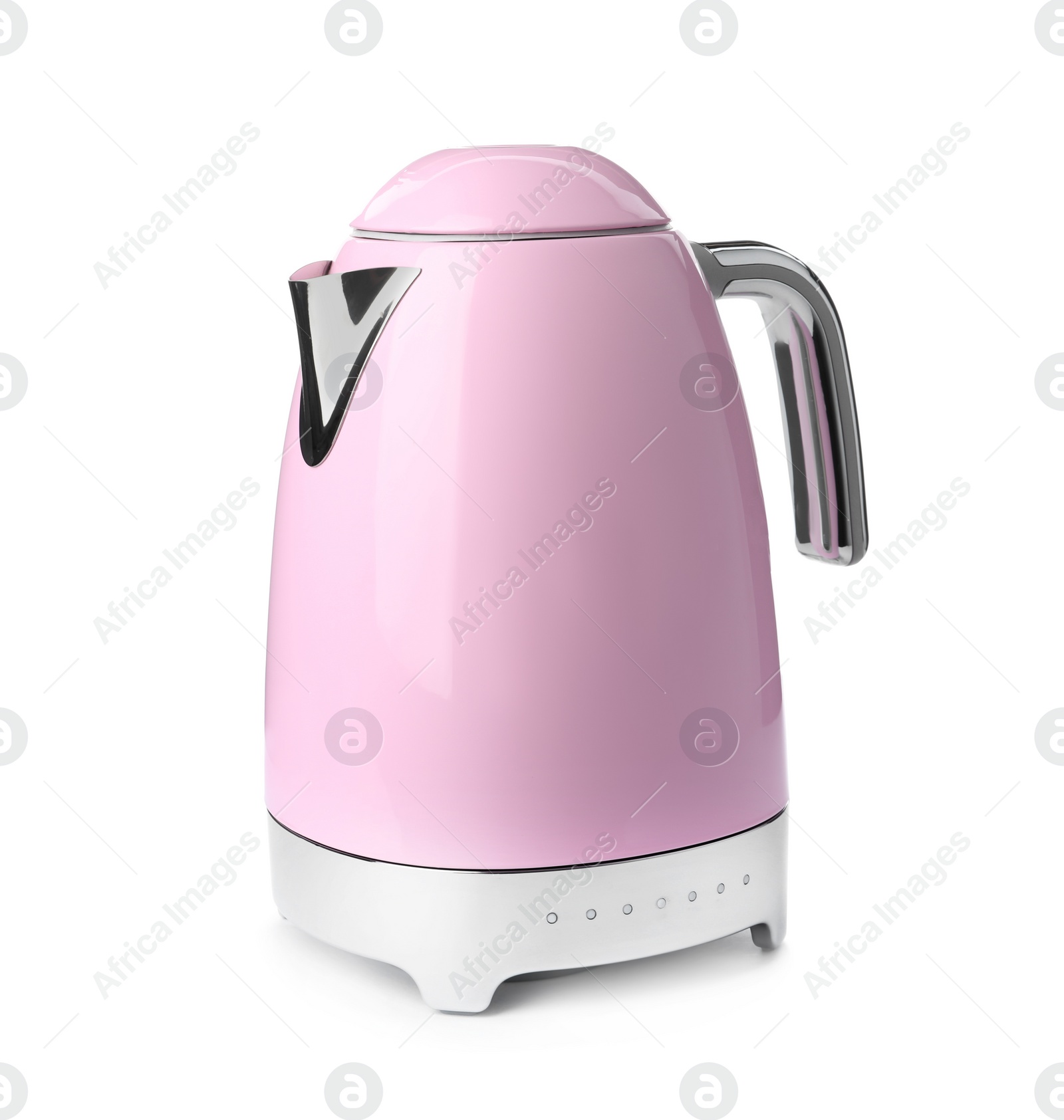 Photo of Modern pink electric kettle with base isolated on white