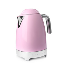 Photo of Modern pink electric kettle with base isolated on white