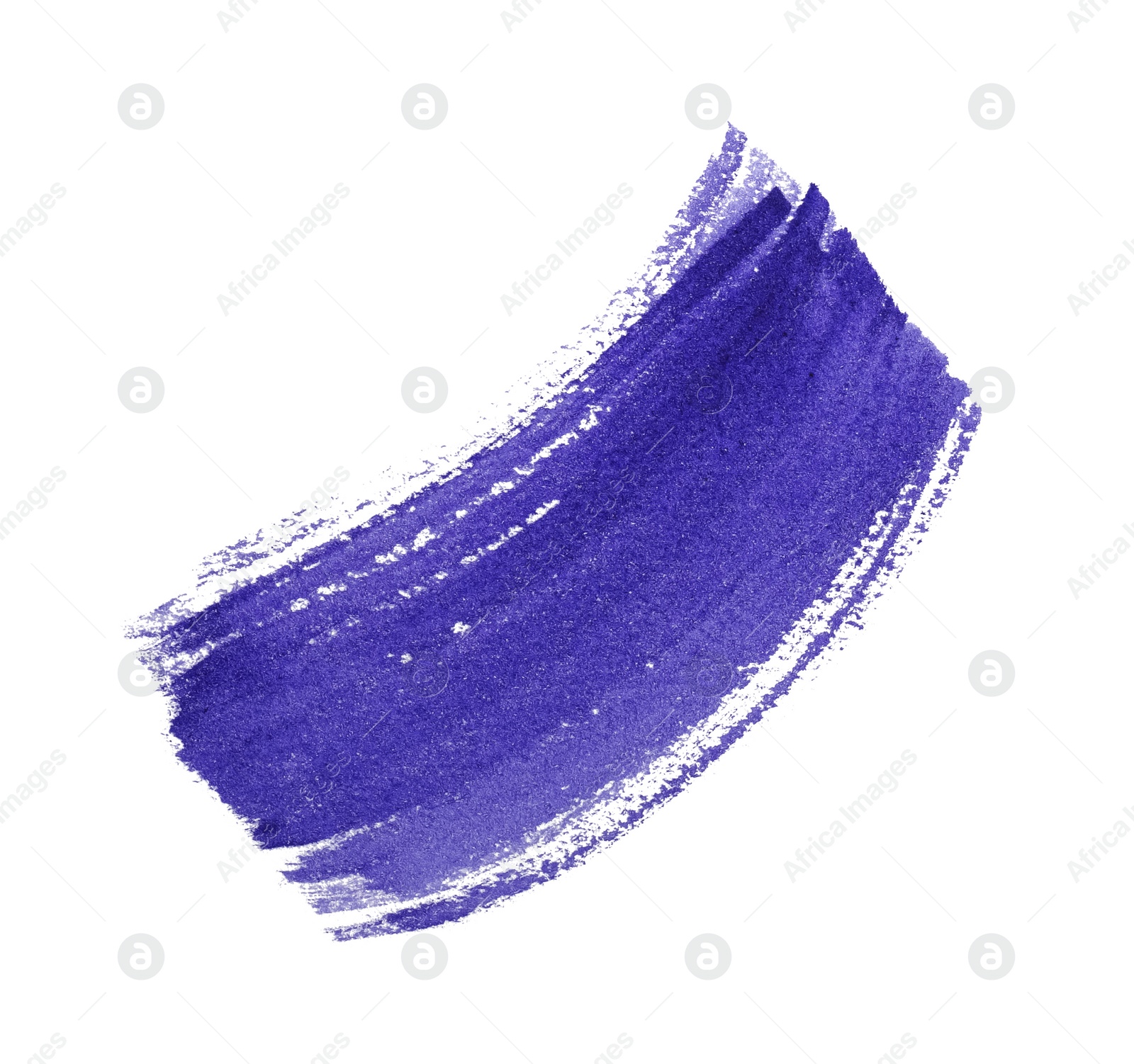Photo of Purple paint stroke drawn with brush on white background, top view