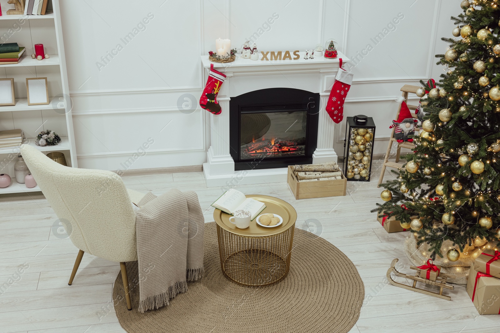 Photo of Living room interior with beautiful Christmas tree and festive decor