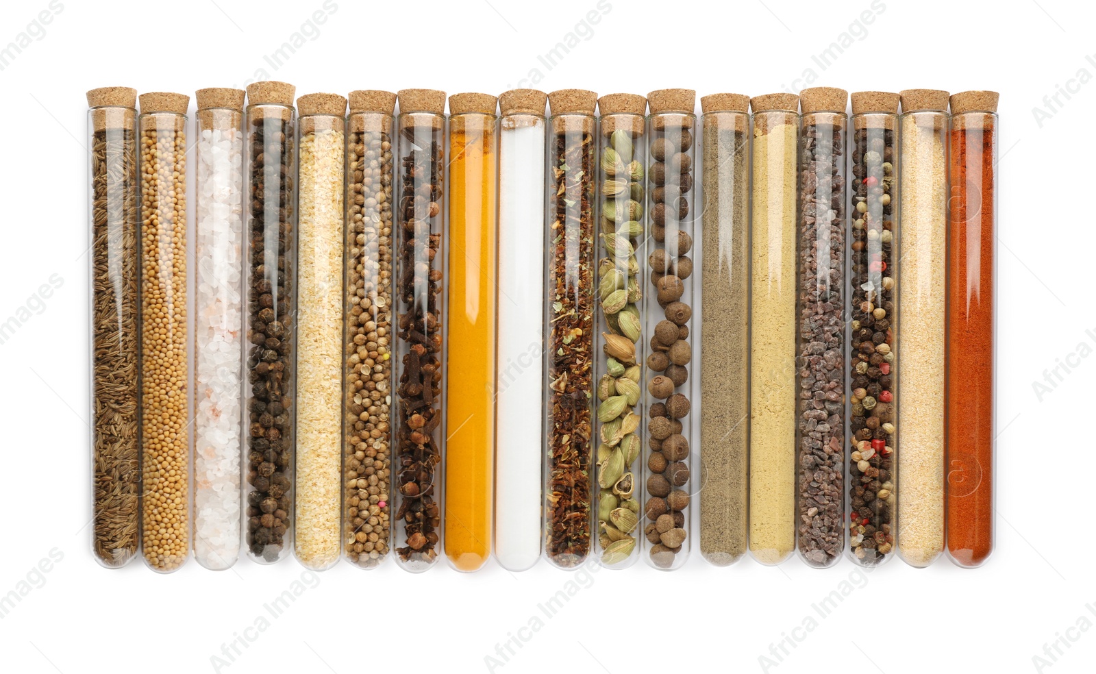 Photo of Glass tubes with different spices on white background, top view