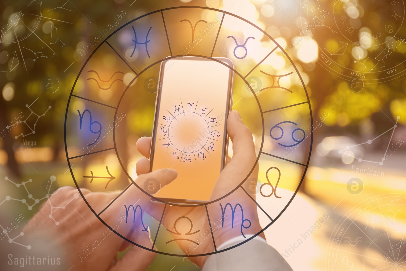 Image of Man with smartphone reading daily horoscope outdoors, closeup