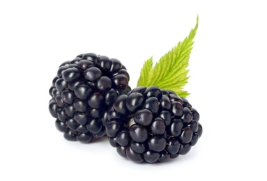 Photo of Fresh ripe juicy blackberries on white background