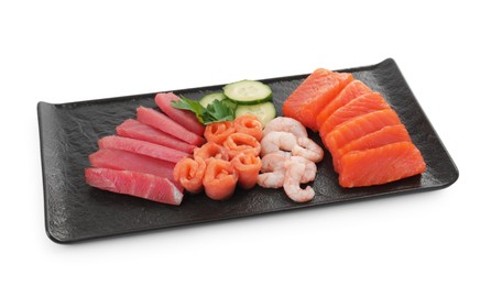 Photo of Delicious sashimi set of tuna, salmon and shrimps served with cucumbers and parsley isolated on white