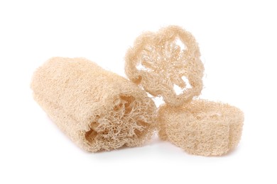 Photo of Loofah sponges isolated on white. Personal hygiene product