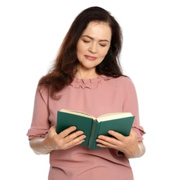 Photo of Mature woman reading book on white background