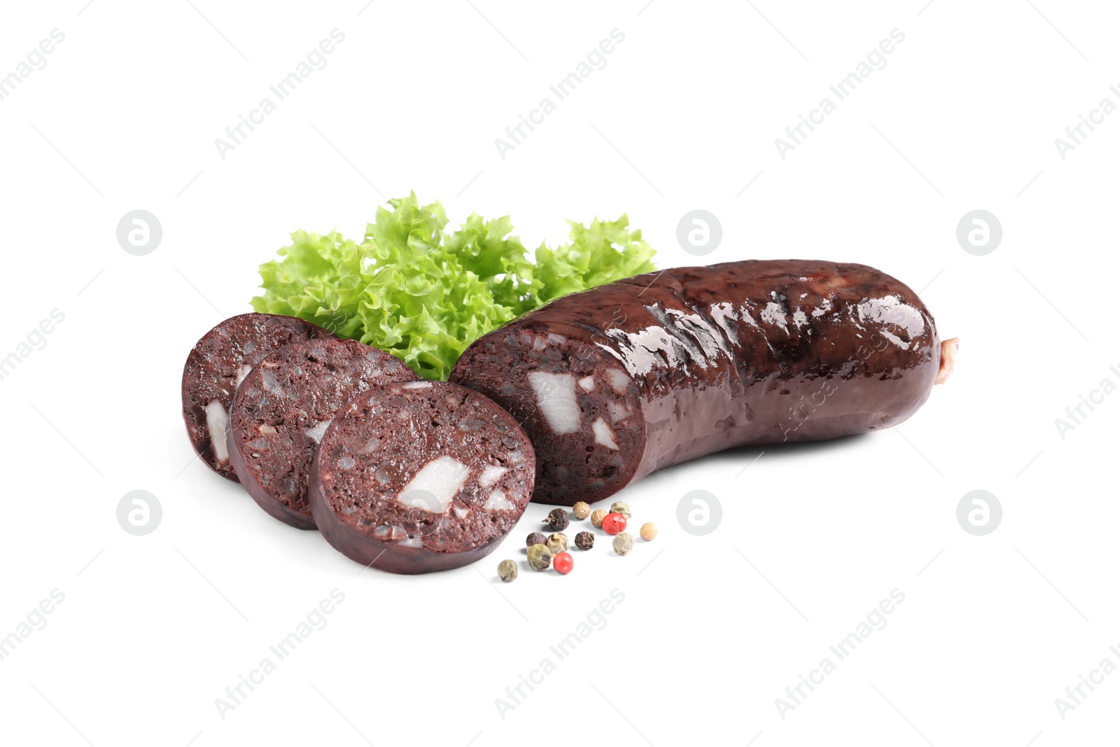 Photo of Tasty blood sausages, lettuce and pepper on white background