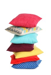 Photo of Stack of colorful decorative pillows on white background