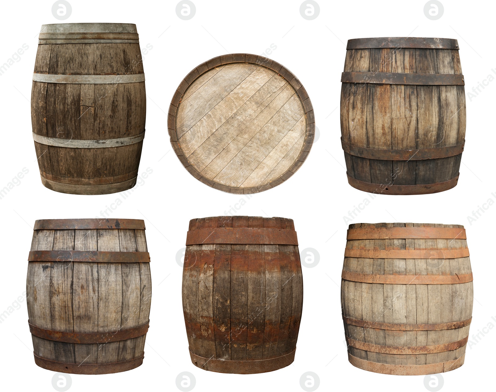 Image of Different wooden barrels isolated on white, top and side views. Collage design