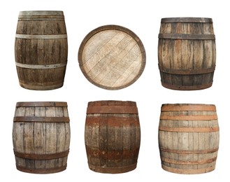 Image of Different wooden barrels isolated on white, top and side views. Collage design