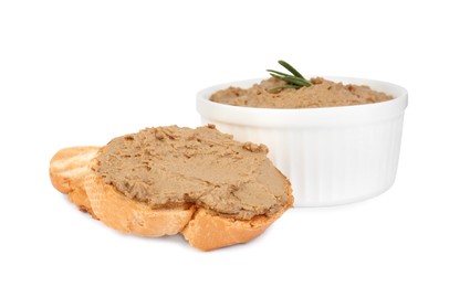 Photo of Fresh bread and bowl with delicious liver pate on white background