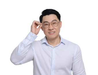Photo of Businessman in formal clothes wearing glasses on white background