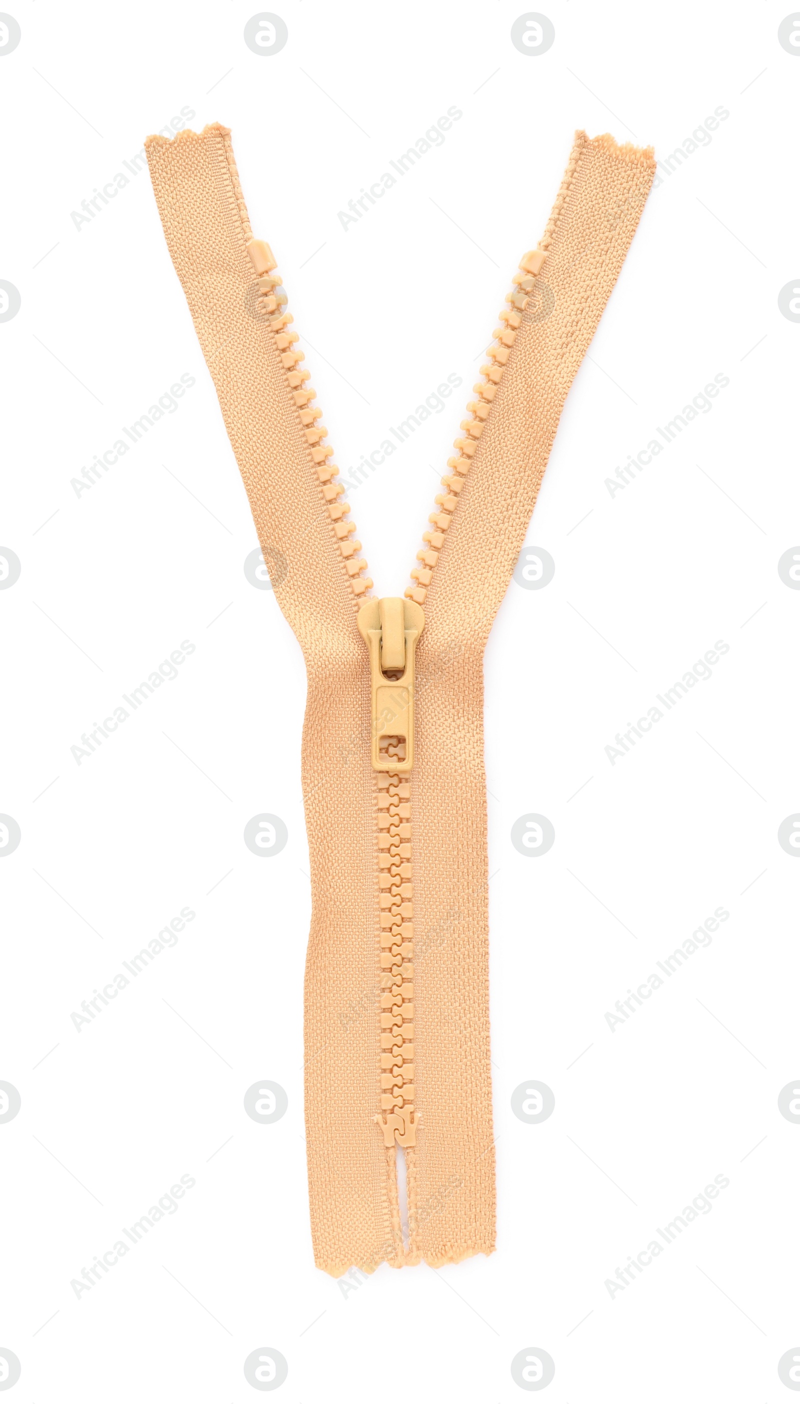 Photo of Beige zipper isolated on white, top view