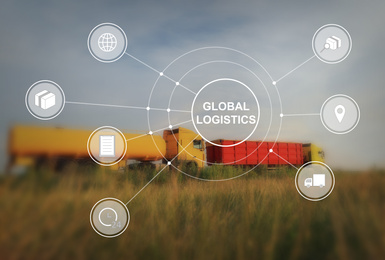 Image of Global logistics concept. Trucks on country road and scheme with icons